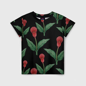 Детская футболка 3D с принтом Красные каллы на черном в Санкт-Петербурге, 100% гипоаллергенный полиэфир | прямой крой, круглый вырез горловины, длина до линии бедер, чуть спущенное плечо, ткань немного тянется | 8 марта | flowers | march 8 | spring | ботаническая иллюстрация | весна | день рождения | зеленый | каллы | красный | лето | любовь | праздник | принт | природа | растения | цветы | черный