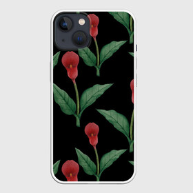 Чехол для iPhone 13 с принтом Красные каллы на черном в Санкт-Петербурге,  |  | 8 марта | flowers | march 8 | spring | ботаническая иллюстрация | весна | день рождения | зеленый | каллы | красный | лето | любовь | праздник | принт | природа | растения | цветы | черный