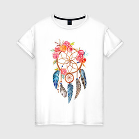 Женская футболка хлопок с принтом Ловец снов в Санкт-Петербурге, 100% хлопок | прямой крой, круглый вырез горловины, длина до линии бедер, слегка спущенное плечо | акварель | ловец снов | перья | рисунок | цветы