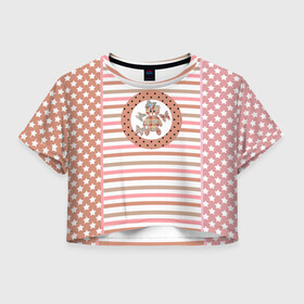 Женская футболка Crop-top 3D с принтом Милый мишка с бабочками в Санкт-Петербурге, 100% полиэстер | круглая горловина, длина футболки до линии талии, рукава с отворотами | бабочки | бежевый | звезды | малышам | медвежонок | мишка тедди | пижама | полосатый | полосы | розовые полосы