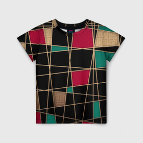 Детская футболка 3D с принтом Модный  абстрактный узор  в Санкт-Петербурге, 100% гипоаллергенный полиэфир | прямой крой, круглый вырез горловины, длина до линии бедер, чуть спущенное плечо, ткань немного тянется | Тематика изображения на принте: бирюзовый | золотой | красный | модный | молодежный | мужской | полосы | современный | текстура | черный