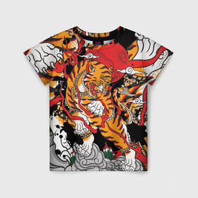 Детская футболка 3D с принтом Самурайский тигр в Санкт-Петербурге, 100% гипоаллергенный полиэфир | прямой крой, круглый вырез горловины, длина до линии бедер, чуть спущенное плечо, ткань немного тянется | Тематика изображения на принте: воин | год тигра | закат | крупная кошка | полосы | тигр | тигриная лапа | хищник