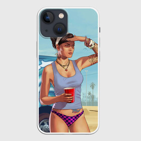 Чехол для iPhone 13 mini с принтом girl with coffee в Санкт-Петербурге,  |  | art | beach | car | game | grand theft auto v | gta 5 | gta online | sand | sky | арт | гта 5 | гта онлайн | игра | машина | небо | песок | пляж