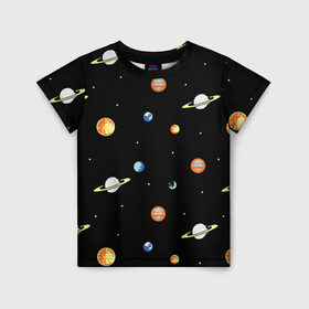Детская футболка 3D с принтом Планеты в космосе в Санкт-Петербурге, 100% гипоаллергенный полиэфир | прямой крой, круглый вырез горловины, длина до линии бедер, чуть спущенное плечо, ткань немного тянется | Тематика изображения на принте: венера | звезды | земля | иллюстрация | космос | паттерн | планеты | рисунок | сатурн | черный | юпитер