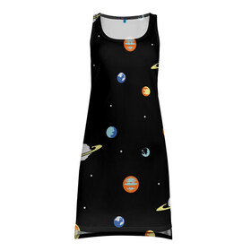 Платье-майка 3D с принтом Планеты в космосе в Санкт-Петербурге, 100% полиэстер | полуприлегающий силуэт, широкие бретели, круглый вырез горловины, удлиненный подол сзади. | венера | звезды | земля | иллюстрация | космос | паттерн | планеты | рисунок | сатурн | черный | юпитер