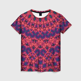 Женская футболка 3D с принтом Круглый красный орнамент  в Санкт-Петербурге, 100% полиэфир ( синтетическое хлопкоподобное полотно) | прямой крой, круглый вырез горловины, длина до линии бедер | калейдоскоп | красный | круглый | круглый орнамент | орнамент | современный | этнический