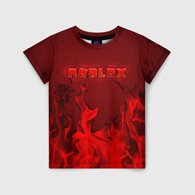 Детская футболка 3D с принтом ROBLOX ОГОНЬ в Санкт-Петербурге, 100% гипоаллергенный полиэфир | прямой крой, круглый вырез горловины, длина до линии бедер, чуть спущенное плечо, ткань немного тянется | roblox | игра | компьютерная игра | логотип | огонь | онлайн | онлайн игра | пламя | роблакс | роблокс