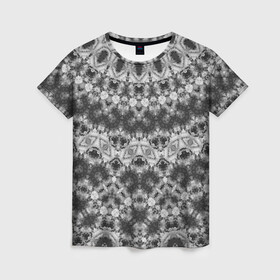 Женская футболка 3D с принтом Черно белый круглый узор  в Санкт-Петербурге, 100% полиэфир ( синтетическое хлопкоподобное полотно) | прямой крой, круглый вырез горловины, длина до линии бедер | калейдоскоп | мозаика | орнамент | серый | темный | черно белый | этнический