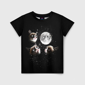 Детская футболка 3D с принтом ГРУСТНЫЕ ЛУННЫЕ КОТЫ в Санкт-Петербурге, 100% гипоаллергенный полиэфир | прямой крой, круглый вырез горловины, длина до линии бедер, чуть спущенное плечо, ткань немного тянется | cat | cosmo | face | memes | night | sky | stars | голова | звезды | интернет | космос | коты | кошки | лицо | луна | мем | ночь | отражение | прикол | рисунок