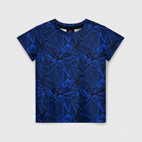 Детская футболка 3D с принтом Черно-синий геометрический   в Санкт-Петербурге, 100% гипоаллергенный полиэфир | прямой крой, круглый вырез горловины, длина до линии бедер, чуть спущенное плечо, ткань немного тянется | Тематика изображения на принте: абстрактный | геометрические фигуры | геометрический | модный | молодежный | полосы | синий | синий и черный