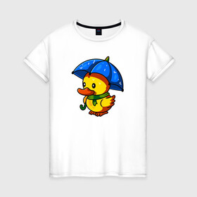 Женская футболка хлопок с принтом Утенок под зонтом в Санкт-Петербурге, 100% хлопок | прямой крой, круглый вырез горловины, длина до линии бедер, слегка спущенное плечо | duck | дождь | зонт | милота | птица | утенок | утка | утка в шарфе