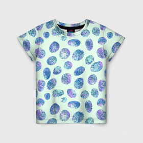 Детская футболка 3D с принтом Драгоценные синие камни  в Санкт-Петербурге, 100% гипоаллергенный полиэфир | прямой крой, круглый вырез горловины, длина до линии бедер, чуть спущенное плечо, ткань немного тянется | абстракция | драгоценные камни | зеленый | нежный принт | синий | сияние | фиолетовый | цвет