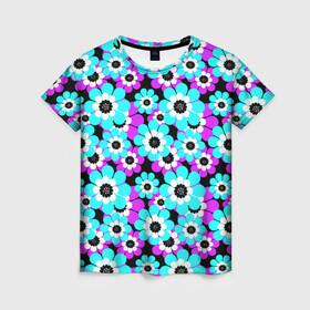 Женская футболка 3D с принтом Яркие бирюзовые цветы  в Санкт-Петербурге, 100% полиэфир ( синтетическое хлопкоподобное полотно) | прямой крой, круглый вырез горловины, длина до линии бедер | бирюзовые цветы | бордовый | детский | для детей | малышам | неоновый | ретро | цветочный узор