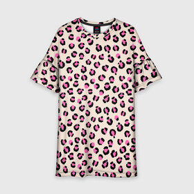 Детское платье 3D с принтом Леопардовый принт розовый в Санкт-Петербурге, 100% полиэстер | прямой силуэт, чуть расширенный к низу. Круглая горловина, на рукавах — воланы | бежевый | леопард | леопардовый принт | молочный цвет | пятнистый | розовый