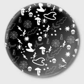 Значок с принтом Вальпургиева ночь | Inventory в Санкт-Петербурге,  металл | круглая форма, металлическая застежка в виде булавки | ведьмин колпак | змеи | колдунья на метле | летучие мыши | магические предметы | пауки | паутина | черепа