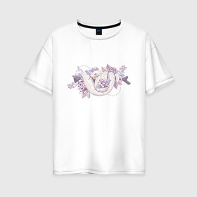 Женская футболка хлопок Oversize с принтом Белая змея и цветы в Санкт-Петербурге, 100% хлопок | свободный крой, круглый ворот, спущенный рукав, длина до линии бедер
 | белая | букет | бутон | ветвь | ветка | гадюка | змея | питон | розовая | удав | цветы