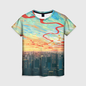 Женская футболка 3D с принтом Токио красками в Санкт-Петербурге, 100% полиэфир ( синтетическое хлопкоподобное полотно) | прямой крой, круглый вырез горловины, длина до линии бедер | акварелью | аниме | ветер | город | закат | здания | красками | мегаполис | облака | постройки | рассвет | стиль | столица | токио | тучи | япония