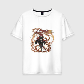 Женская футболка хлопок Oversize с принтом Дилюк в деле в Санкт-Петербурге, 100% хлопок | свободный крой, круглый ворот, спущенный рукав, длина до линии бедер
 | арт | дилюк | мондштадт | огненная птица | огонь | пиро | пламя | птица | рисунок | феникс | языки пламени