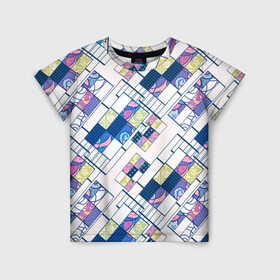 Детская футболка 3D с принтом Этнический узор пэчворк  в Санкт-Петербурге, 100% гипоаллергенный полиэфир | прямой крой, круглый вырез горловины, длина до линии бедер, чуть спущенное плечо, ткань немного тянется | абстрактный | белый и синий | геометрический | заплатки | популярный | современный | этнический