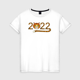 Женская футболка хлопок с принтом Год Тигра 2022 с мордочкой в Санкт-Петербурге, 100% хлопок | прямой крой, круглый вырез горловины, длина до линии бедер, слегка спущенное плечо | 2022 | дата | животное | полоски | символ | тигр | хвост