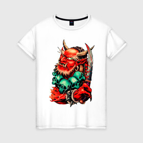 Женская футболка хлопок с принтом Демон в Санкт-Петербурге, 100% хлопок | прямой крой, круглый вырез горловины, длина до линии бедер, слегка спущенное плечо | демон | рога | танто | череп | шипы