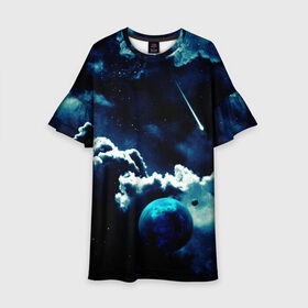 Детское платье 3D с принтом КОСМИЧЕСКИЕ ОБЛАКА в Санкт-Петербурге, 100% полиэстер | прямой силуэт, чуть расширенный к низу. Круглая горловина, на рукавах — воланы | вселенная | звёзды | комета | космос | облака | планета