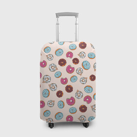 Чехол для чемодана 3D с принтом Пончики донаты паттерн в Санкт-Петербурге, 86% полиэфир, 14% спандекс | двустороннее нанесение принта, прорези для ручек и колес | десерт | донаты | еда | паттерн | пончики | розовый | сладкое | шоколадный