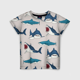 Детская футболка 3D с принтом Кровожадные акулы паттерн в Санкт-Петербурге, 100% гипоаллергенный полиэфир | прямой крой, круглый вырез горловины, длина до линии бедер, чуть спущенное плечо, ткань немного тянется | shark | акулы | кровожадные акулы | морские обитатели | опасный | паттерн | синий