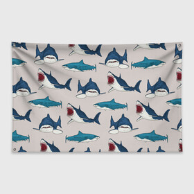 Флаг-баннер с принтом Кровожадные акулы паттерн в Санкт-Петербурге, 100% полиэстер | размер 67 х 109 см, плотность ткани — 95 г/м2; по краям флага есть четыре люверса для крепления | shark | акулы | кровожадные акулы | морские обитатели | опасный | паттерн | синий