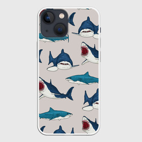 Чехол для iPhone 13 mini с принтом Кровожадные акулы паттерн в Санкт-Петербурге,  |  | shark | акулы | кровожадные акулы | морские обитатели | опасный | паттерн | синий