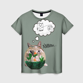 Женская футболка 3D с принтом Мечты в Санкт-Петербурге, 100% полиэфир ( синтетическое хлопкоподобное полотно) | прямой крой, круглый вырез горловины, длина до линии бедер | кот | крючок | мечта | рыба | удочка