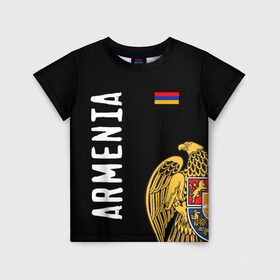 Детская футболка 3D с принтом ARMENIA в Санкт-Петербурге, 100% гипоаллергенный полиэфир | прямой крой, круглый вырез горловины, длина до линии бедер, чуть спущенное плечо, ткань немного тянется | Тематика изображения на принте: armenia | армения | герб | лев и орел | лого | символ | флаг | флаг и герб армении