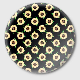 Значок с принтом Подсолнухи паттерн в Санкт-Петербурге,  металл | круглая форма, металлическая застежка в виде булавки | желтый | зеленый | паттерн | подсолнухи | цветы | черный