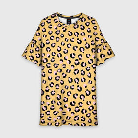Детское платье 3D с принтом Желтый леопардовый принт в Санкт-Петербурге, 100% полиэстер | прямой силуэт, чуть расширенный к низу. Круглая горловина, на рукавах — воланы | желтый | леопардовый принт | паттерн | пятна | пятнистый | розовый | текстура