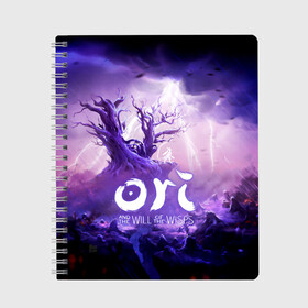 Тетрадь с принтом Ori and the Will of the Wisps в Санкт-Петербурге, 100% бумага | 48 листов, плотность листов — 60 г/м2, плотность картонной обложки — 250 г/м2. Листы скреплены сбоку удобной пружинной спиралью. Уголки страниц и обложки скругленные. Цвет линий — светло-серый
 | adventure | computer game | lightning | ori | ori and the will of the wisps | rain | spirit of the forest | tree | дерево | дождь | дух леса | компьютерная игра | молния | ори | ори и блуждающие огоньки | приключения