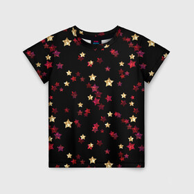 Детская футболка 3D с принтом Блестящие звезды на черном в Санкт-Петербурге, 100% гипоаллергенный полиэфир | прямой крой, круглый вырез горловины, длина до линии бедер, чуть спущенное плечо, ткань немного тянется | абстрактный | блеск | детский | женский | звезды | золото | золотые звезды