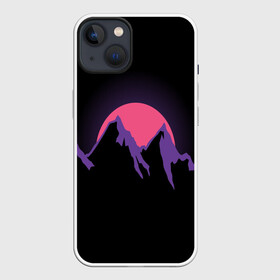 Чехол для iPhone 13 с принтом горы на фоне заката в Санкт-Петербурге,  |  | 80s | горы | закат | киберпанк | минимализм | неон | неоновый закат | розовое солнце | розовый | фиолетовый