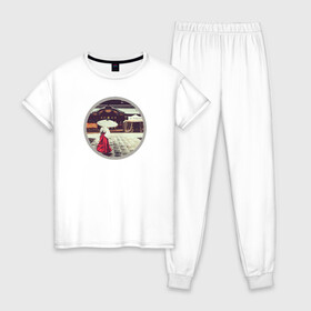 Женская пижама хлопок с принтом Прогулка в Санкт-Петербурге, 100% хлопок | брюки и футболка прямого кроя, без карманов, на брюках мягкая резинка на поясе и по низу штанин | вывеска | зонт | иероглиф | кимоно | улица