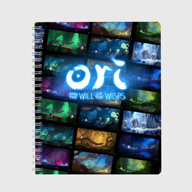 Тетрадь с принтом Ori and the Will of the Wisps в Санкт-Петербурге, 100% бумага | 48 листов, плотность листов — 60 г/м2, плотность картонной обложки — 250 г/м2. Листы скреплены сбоку удобной пружинной спиралью. Уголки страниц и обложки скругленные. Цвет линий — светло-серый
 | adventure | collage | computer game | frames | ori | ori and the will of the wisps | spirit of the forest | дух леса | кадры | коллаж | компьютерная игра | ори | ори и блуждающие огоньки | приключения