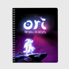 Тетрадь с принтом Ori and the Will of the Wisps в Санкт-Петербурге, 100% бумага | 48 листов, плотность листов — 60 г/м2, плотность картонной обложки — 250 г/м2. Листы скреплены сбоку удобной пружинной спиралью. Уголки страниц и обложки скругленные. Цвет линий — светло-серый
 | Тематика изображения на принте: adventure | computer game | looks to the sky | ori | ori and the will of the wisps | spirit of the forest | в небо | дух леса | компьютерная игра | ори | ори и блуждающие огоньки | приключения | смотрит