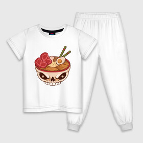 Детская пижама хлопок с принтом Лапша в черепе в Санкт-Петербурге, 100% хлопок |  брюки и футболка прямого кроя, без карманов, на брюках мягкая резинка на поясе и по низу штанин
 | Тематика изображения на принте: еда | китайская лапша | лапша | мясо | роллтон | череп | японское блюдо