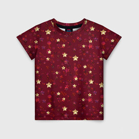 Детская футболка 3D с принтом Россыпи золотых звезд в Санкт-Петербурге, 100% гипоаллергенный полиэфир | прямой крой, круглый вырез горловины, длина до линии бедер, чуть спущенное плечо, ткань немного тянется | блеск | блестящий | детский | звезды | золото | золотой и красный | красный | модный