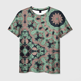 Мужская футболка 3D с принтом зелено-бежевый калейдоскоп  в Санкт-Петербурге, 100% полиэфир | прямой крой, круглый вырез горловины, длина до линии бедер | абстрактный | в горошек | восточный | калейдоскоп | коричневый и зеленый | модный | фисташковый | этнический