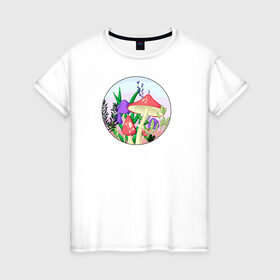 Женская футболка хлопок с принтом Грибы в Санкт-Петербурге, 100% хлопок | прямой крой, круглый вырез горловины, длина до линии бедер, слегка спущенное плечо | грибы | закат | мухоморы | растения