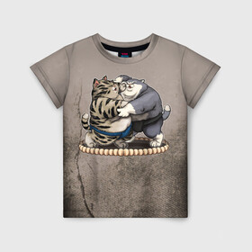 Детская футболка 3D с принтом Сумоисты в Санкт-Петербурге, 100% гипоаллергенный полиэфир | прямой крой, круглый вырез горловины, длина до линии бедер, чуть спущенное плечо, ткань немного тянется | арт | графика | животные | звери | коты | суммо