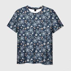 Мужская футболка 3D с принтом Синий цветочный узор  в Санкт-Петербурге, 100% полиэфир | прямой крой, круглый вырез горловины, длина до линии бедер | Тематика изображения на принте: деревенский | детский | для девочек | женский | ретро | синий | цветочный узор | цветы