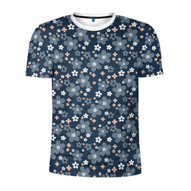 Мужская футболка 3D спортивная с принтом Синий цветочный узор  в Санкт-Петербурге, 100% полиэстер с улучшенными характеристиками | приталенный силуэт, круглая горловина, широкие плечи, сужается к линии бедра | деревенский | детский | для девочек | женский | ретро | синий | цветочный узор | цветы