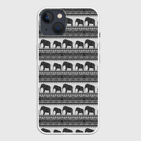 Чехол для iPhone 13 с принтом Черно белый узор слоны в Санкт-Петербурге,  |  | Тематика изображения на принте: африканский | монохромный узор | орнамент | полосы | серый | серый и черный | слоны | этнический