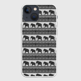Чехол для iPhone 13 mini с принтом Черно белый узор слоны в Санкт-Петербурге,  |  | африканский | монохромный узор | орнамент | полосы | серый | серый и черный | слоны | этнический