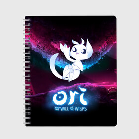 Тетрадь с принтом Ori and the Will of the Wisps в Санкт-Петербурге, 100% бумага | 48 листов, плотность листов — 60 г/м2, плотность картонной обложки — 250 г/м2. Листы скреплены сбоку удобной пружинной спиралью. Уголки страниц и обложки скругленные. Цвет линий — светло-серый
 | Тематика изображения на принте: adventure | fairy forest | night | ori | ori and the will of the wisps | pc game | spirit of the forest | дух леса | компьютерная игра | ночь | ори | ори и блуждающие огоньки | приключения | сказочный лес